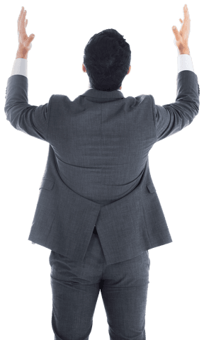 Back view businessman raising hands on transparent background