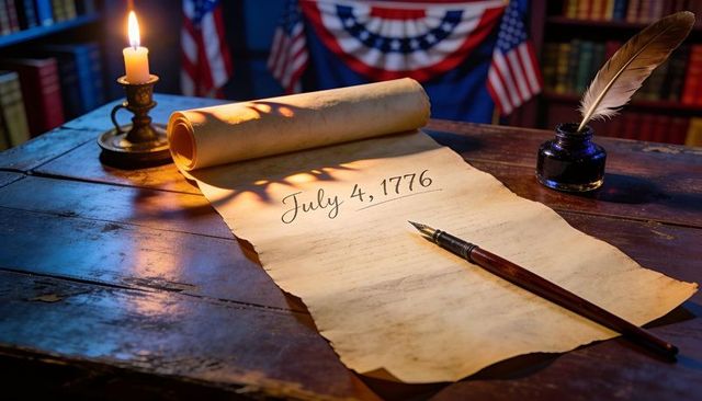 Vintage declaration scroll dated july 4, 1776 with quill and candlelit desk