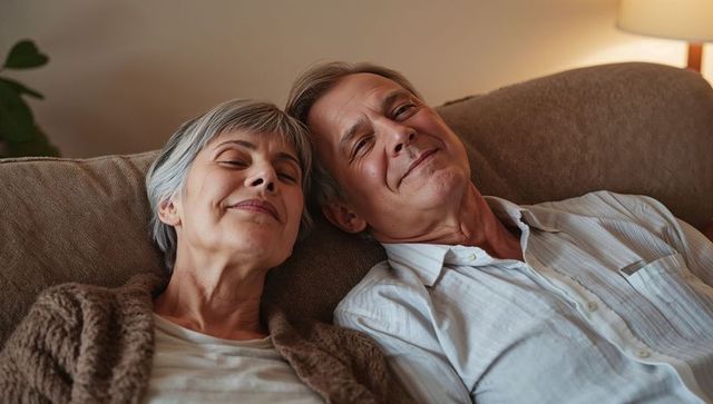 Senior couple reclining together on sofa sharing warm intimate moment, enjoying cozy evening