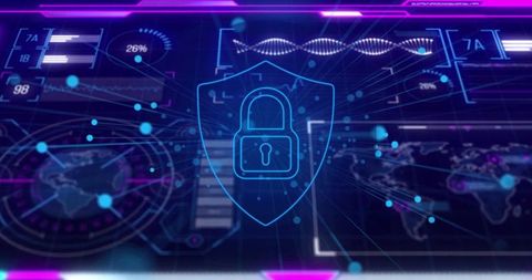 Futuristic Cybersecurity Interface with Glowing Shield Icon