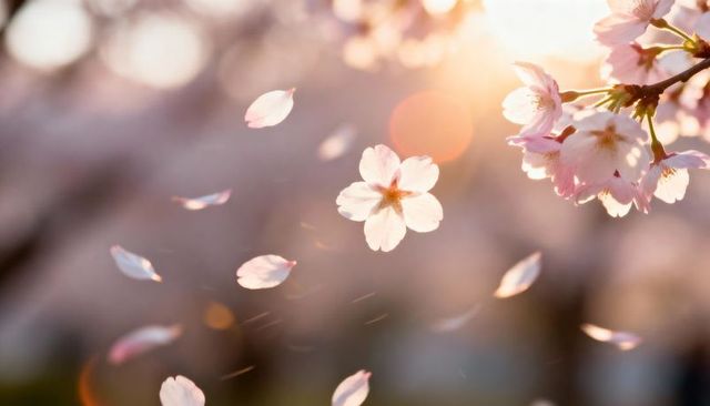 Single Cherry Blossom Falling with Soft Backlit Bokeh and Pastel Lens Flare