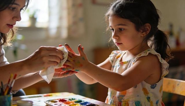 Parent wiping child's painted hands after watercolor crafting at home, cozy sunlit moment