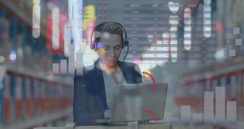 Data Processing Over Woman Working in Warehouse Shipping Center