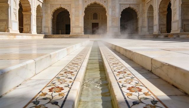 Marble courtyard water channel flowing through ornate pietra dura inlay and arched arcade