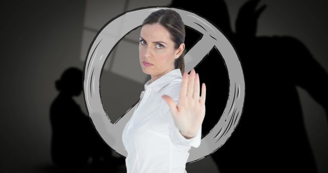 Image of caucasian woman with stop gesture over silhouettes of couple - Download Free Stock Photos Pikwizard.com
