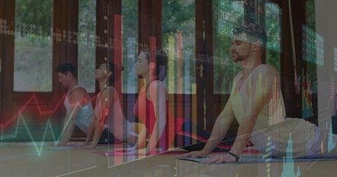 Corporate Wellness Yoga Class with Financial Charts Overlay for Mindful Business Balance