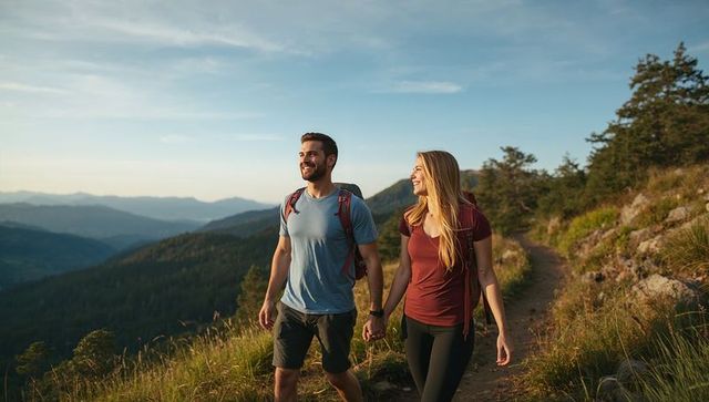 Couple hiking hand-in-hand on mountain ridge during golden hour with backpacks and smiles