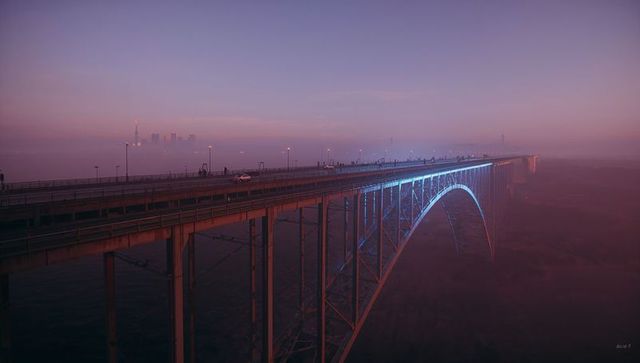 Twilight Steel Arch Bridge Glowing Blue Lights Over Foggy River With Distant City Skyline