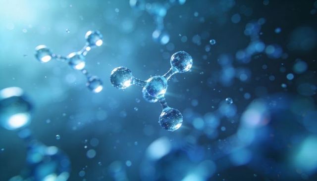 Glowing cyan molecular cluster with glossy spheres and thin bonds, nanoscience background