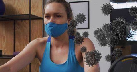 Woman Exercising with Face Mask in Home Gym Amidst Virus Animation