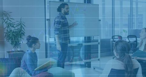 Presenting Data-Driven Strategy in Modern Office Lounge with Collaborative Team Discussion