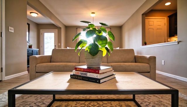 Sunlit pilea plant on stack of books on coffee table in modern minimalist living room