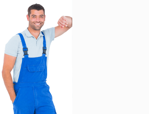 Confident Repairman Leaning on Blank Transparent Placard