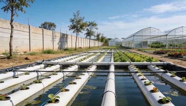 Outdoor hydroponic nft farm with pvc channels, seedling rows and greenhouse propagation