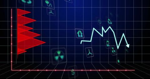 Neon 3D Data Dashboard Displaying Grid, Red Bars and Cyan Trend Line with Energy Icons