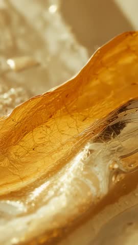 Sliding honey sheet over pale foam after spoon tap, macro amber viscous texture vertical