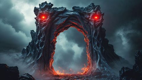 Demonic Stone Arch with Lava Portal in Volcanic Landscape