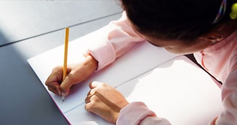 schoolgirl focusing on homework with pencil in classroom - Download Free Stock Images Pikwizard.com