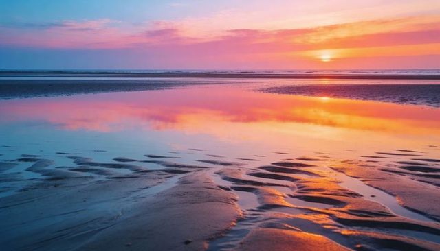 Tranquil sunset reflecting on wet rippled sand and tidal pools at low tide twilight glow