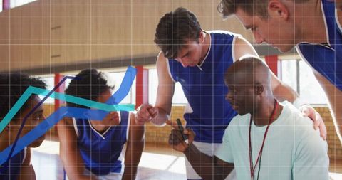 Diverse basketball team collaborating with coach over strategy