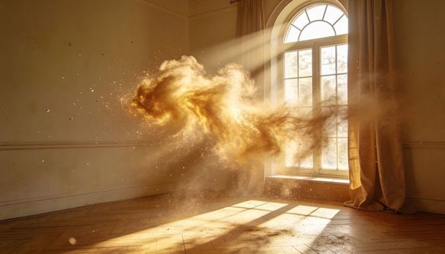 Swirling golden dust cloud glowing and drifting through sunlit room with arched window