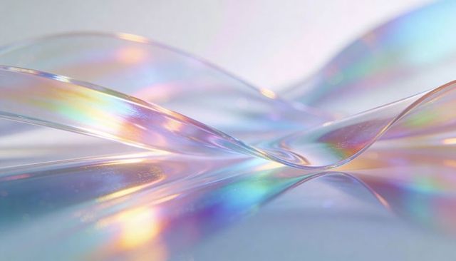 Iridescent pastel ribbons forming ethereal prismatic waves with soft bokeh glow
