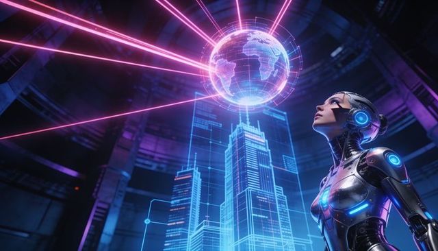 Futuristic female android observing holographic globe and city projection with neon lasers