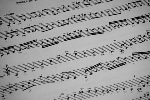 Black and white sheet music background with musical notes