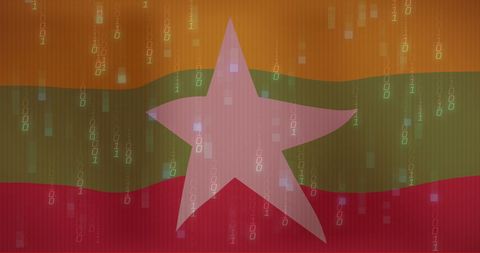 Myanmar flag with digital binary code overlay