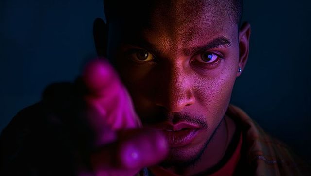 Intense closeup male portrait staring and pointing with magenta cyan duotone lighting