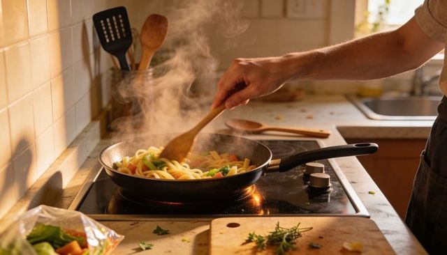 Stirring vegetable pasta in skillet on stovetop with wooden spatula, home cooking scene