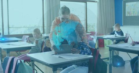 Teacher Guiding Student Using Tablet with Digital Globe Hologram in Bright Classroom