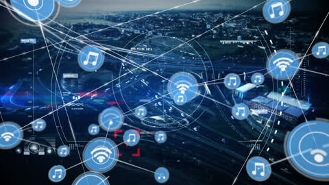 Digital Interface network scanning urban city scape animation.
