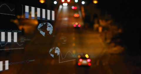Nighttime Smart Mobility Dashboard Showing Autonomous Fleet with Holographic Data Overlays