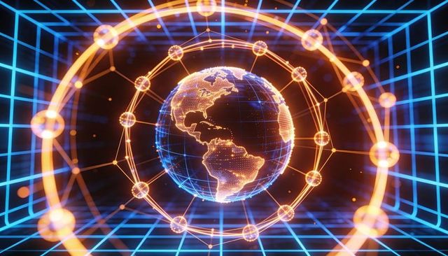 Holographic glowing earth inside neon grid tunnel with orbiting network nodes digital globe
