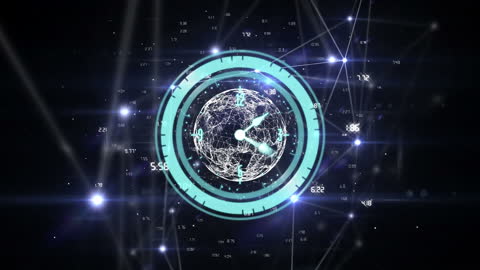 Global Network with Digital Clock Overlay and Connected Data Points
