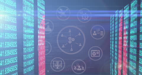 Digital Data Processing Animation in Futuristic Server Room