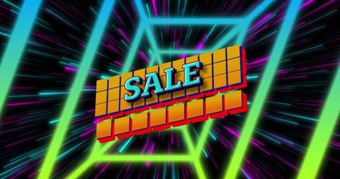 Retro futuristic sale sign with neon light effects