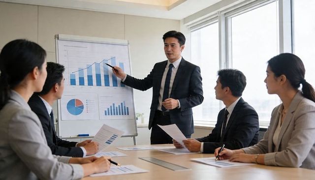Business leader presenting growth charts to corporate team in modern boardroom with skyline view