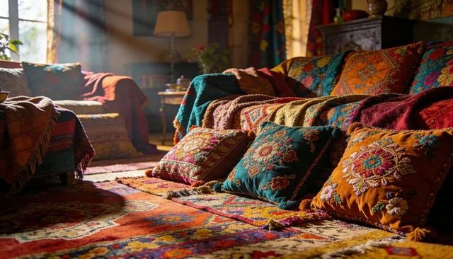 Bohemian Living Room Featuring Embroidered Cushions, Patterned Rug, Sunlit Cozy Textiles