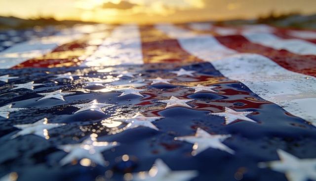 Wet american flag closeup catching warm sunrise light with glinting water droplets