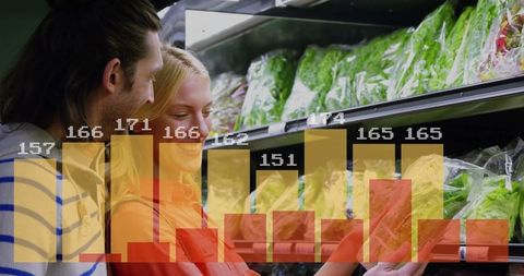 Couple Shopping Vegetables with Data Analytics Overlay in Store