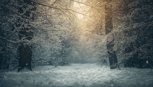 Golden sunbeams filtering through snowy forest path at dawn, falling snowflakes