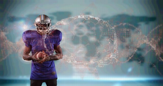 American football player wearing blue jersey and helmet holding football stands against backdrop with digital network overlay. Great for themes of sports technology, athlete performance analysis, modern sports visualizations, and integration of technology in sports.