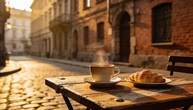 Savoring morning coffee and buttery croissant on sunlit cobblestone cafe table
