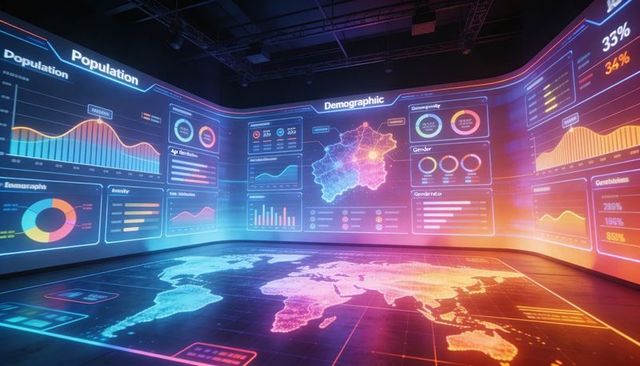 Futuristic Holographic Data Command Center Displaying Panoramic Neon Dashboards and Map