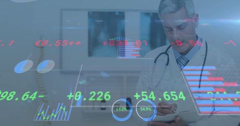 Caucasian Male Doctor Analyzing Medical and Financial Data Overlay