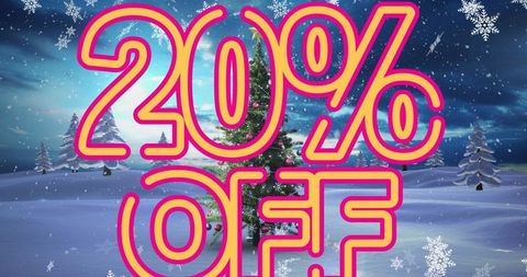 Festive 20% off winter sale promotion with snowy forest scene