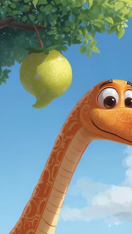 Vertical Animated Dinosaur Entering Frame Gazing at Hanging Green Fruit While Opening Mouth