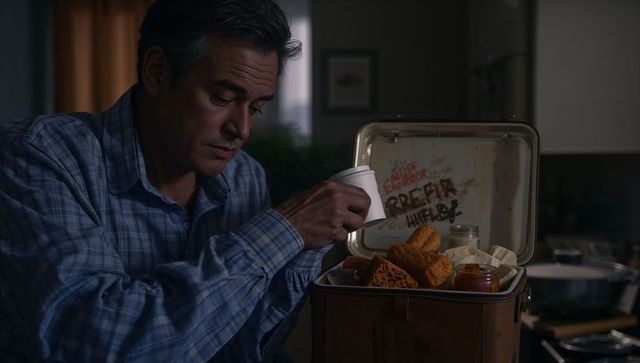 Contemplative man inspecting retro late-night metal lunchbox filled with pastries and jars